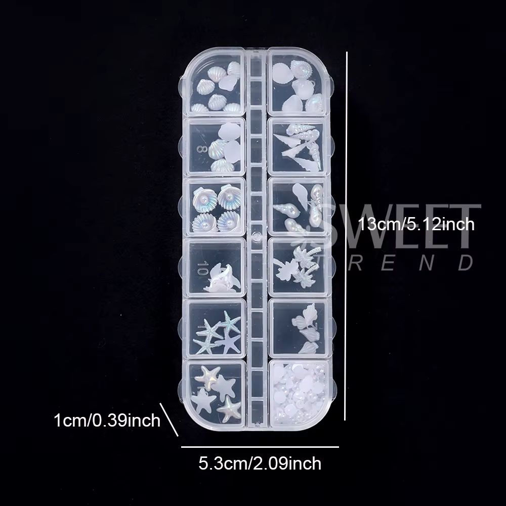 SWEET TREND - 12 compartiments de breloques 3D pour nail art sur le thème de l'océan : coquillages Aurora