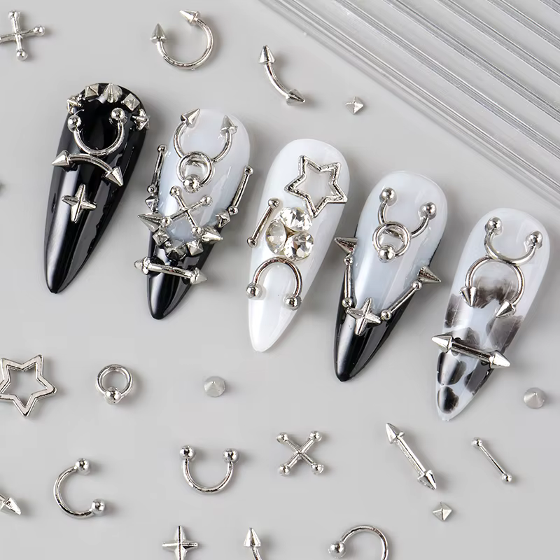 12 grilles Goth Punk ongles breloques goujons Y2K Piercing conceptions métallique argenté
