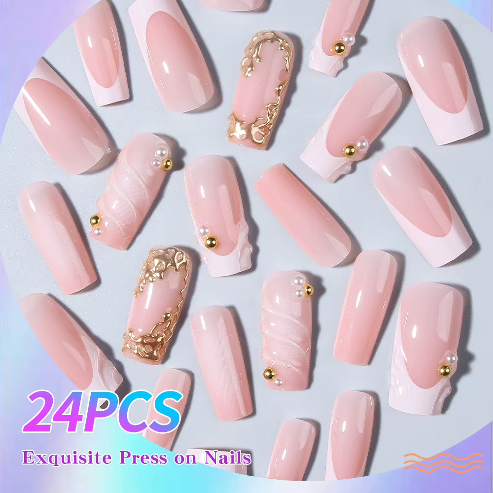 24 pièces par ensemble. Faux ongles rectangulaires 3D en gel