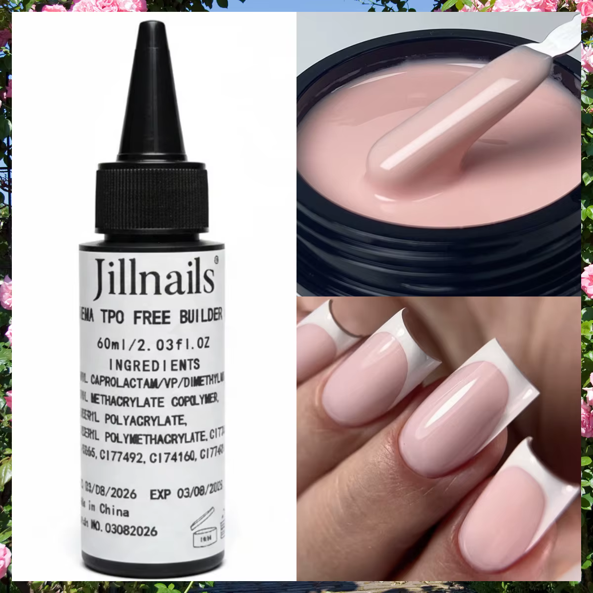 Jillnails Gel de Construction Liquide Vernis en Bouteille 60ML Recharge Transparent Blanc Laiteux Rose Sans HEMA Sans TPO Sans Chaleur 60g/10g