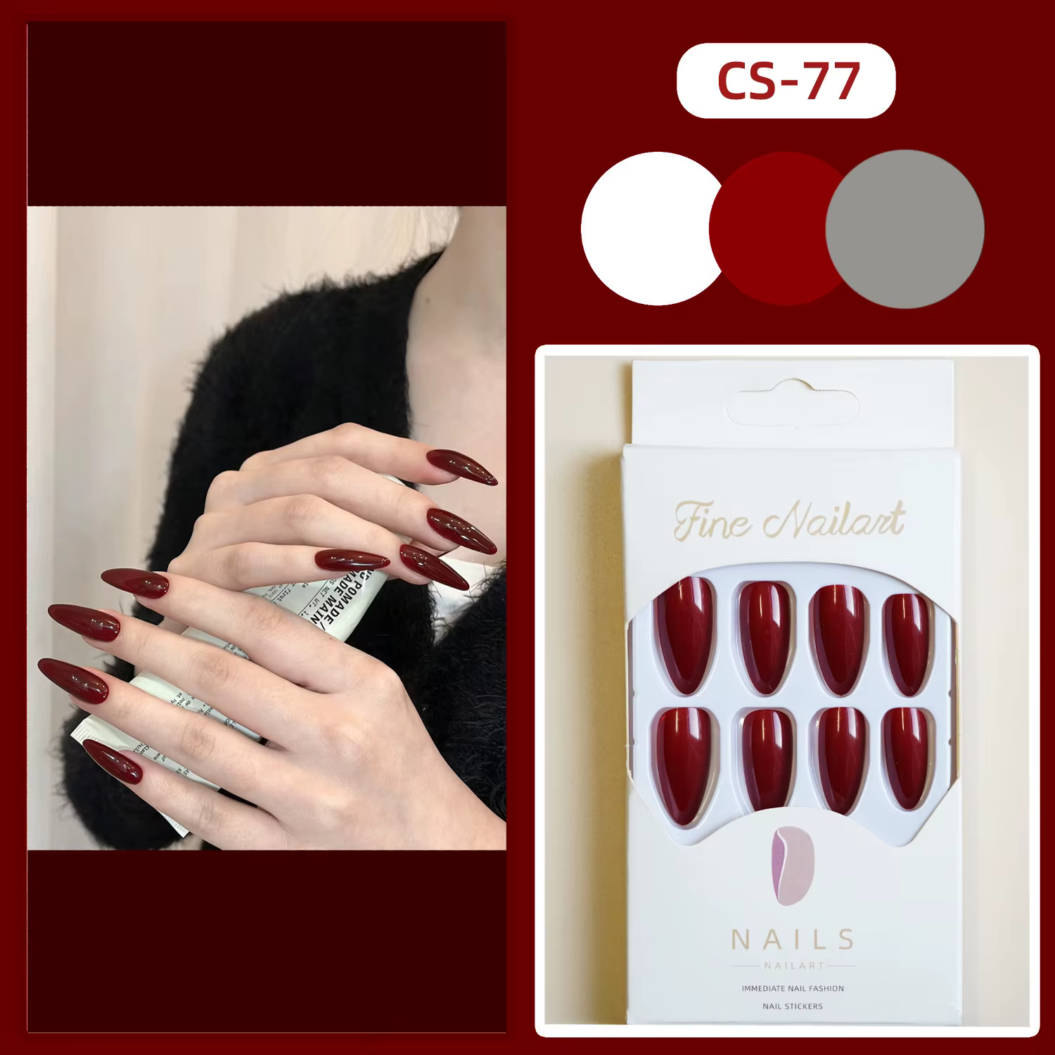 24 pièces amande vin rouge faux ongles classique Vintage
