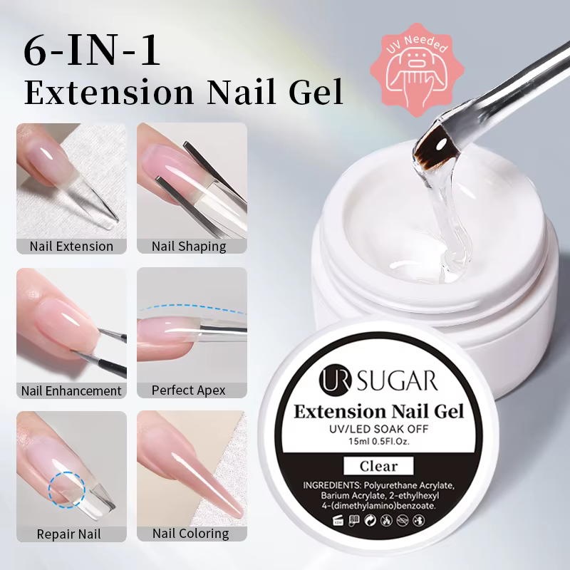 UR SUGAR 6 EN 1 Gel d'Extension pour Ongles 15ML Transparent Gel Constructeur Rapide Semi-Permanent Auto-nivelant Gel UV de Construction Soak Off