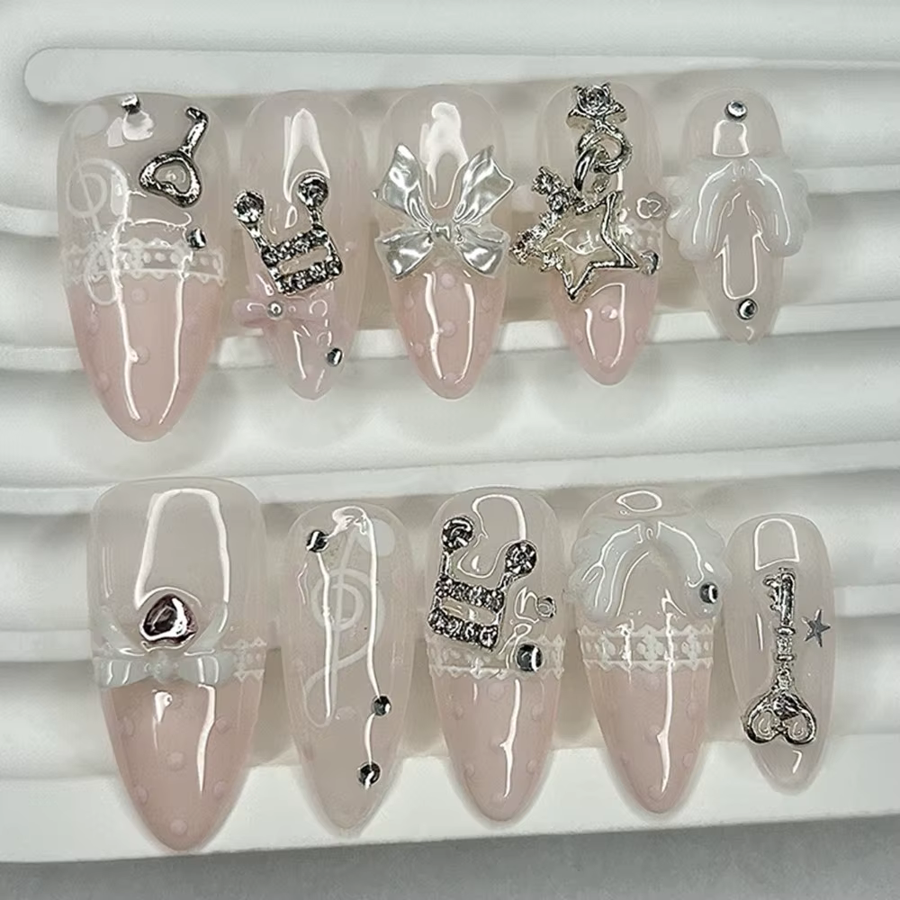 Faux Ongles à Presser Amande Française Rose Rétro Mignons avec Dentelle
