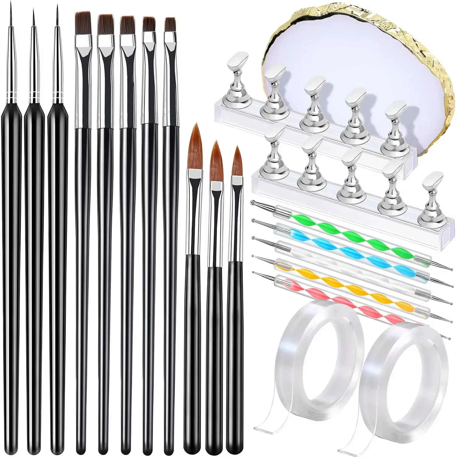Kit de bricolage pour nail art 21 pièces – 11 pinceaux + 5 stylos à points + 2 supports magnétiques + palette + 2 rubans adhésifs – Essentiel pour salon et maison