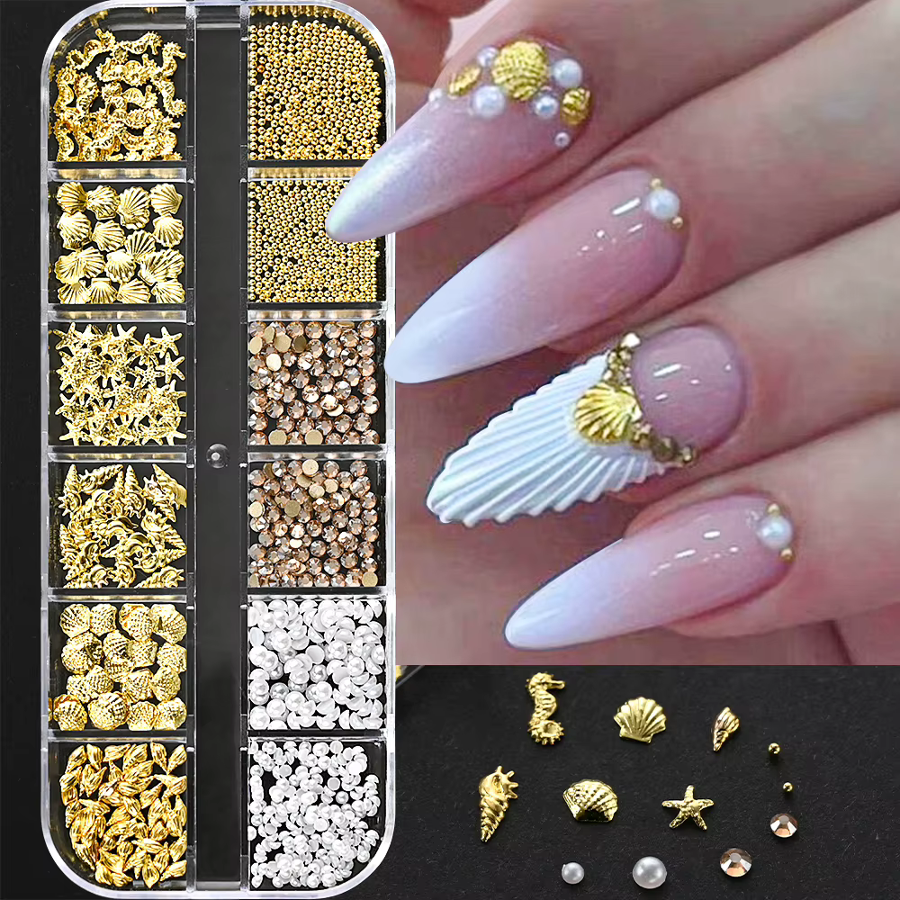 12 grilles océan or Nail Art breloques coquille/hippocampe/étoile de mer blanc demi-rond perle gemmes 3D mixte Punk manucure métal Rivets goujons