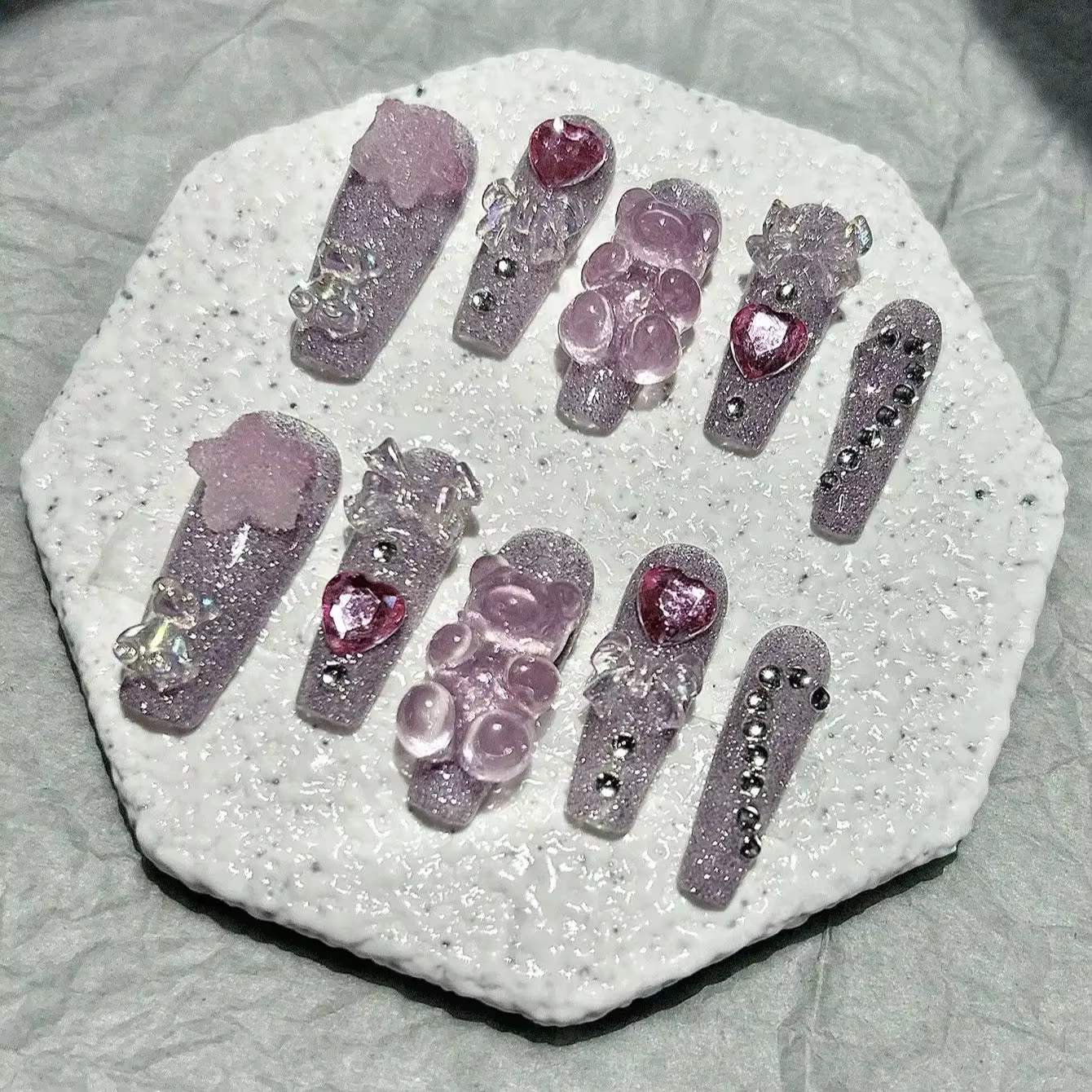 Dessin animé mignon rose Smoothie Nail Art arc ours étoile Bling faux ongles