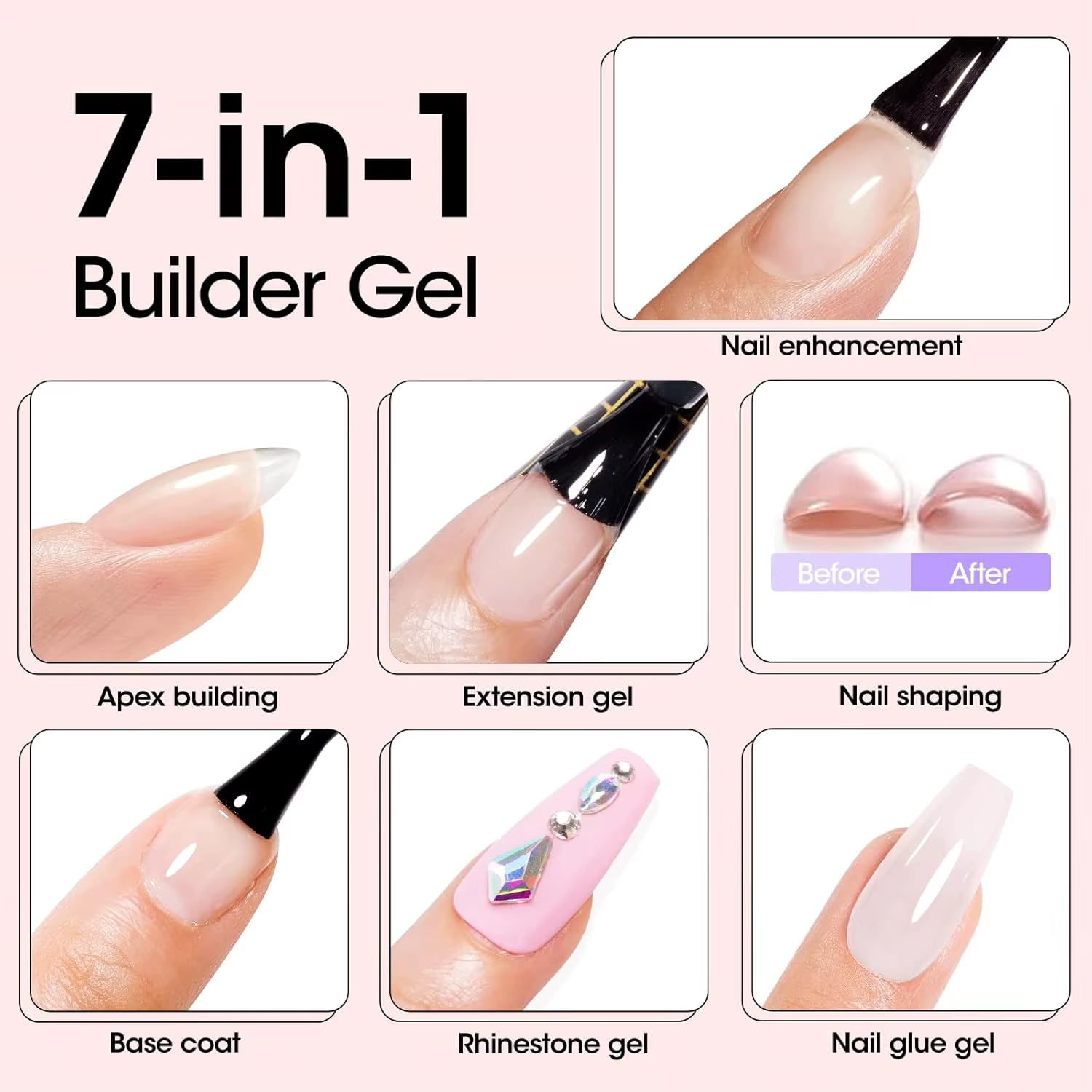Gel de construction transparent 7-en-1 de 15 ml pour extension d'ongles