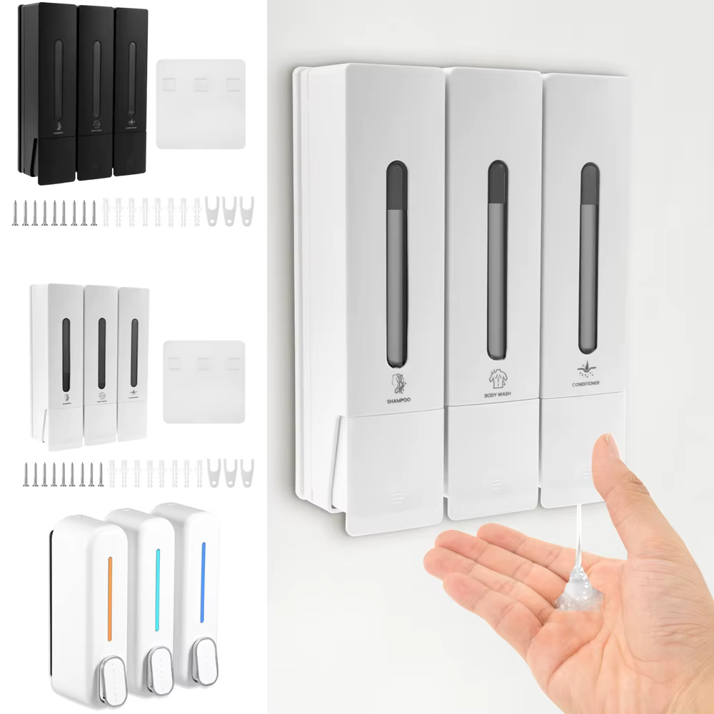 Distributeur de savon mural à 3 chambres, distributeur de shampoing et de Gel douche, conteneur de détergent, accessoires de salle de bains pour hôtel familial