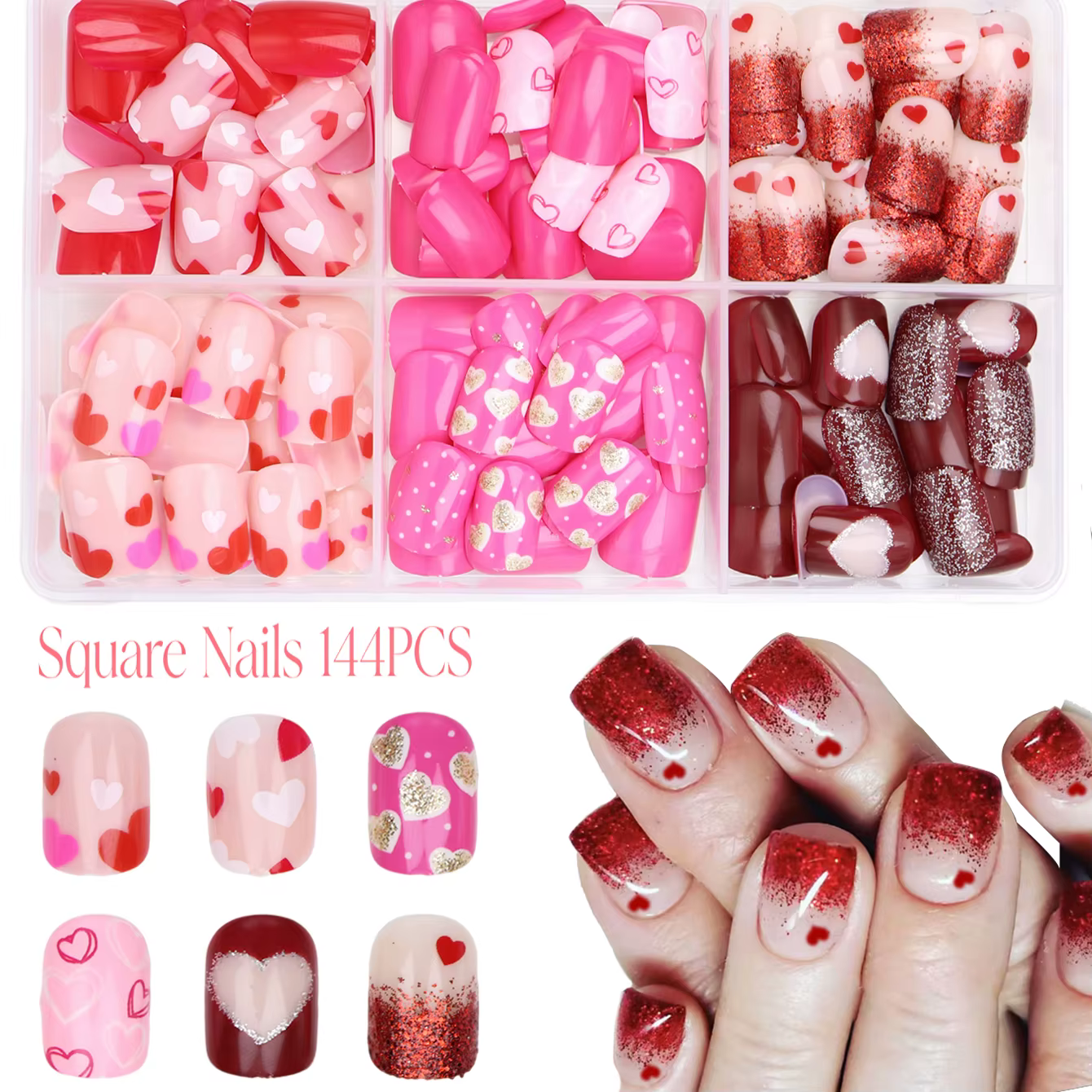 144 faux ongles carrés à presser