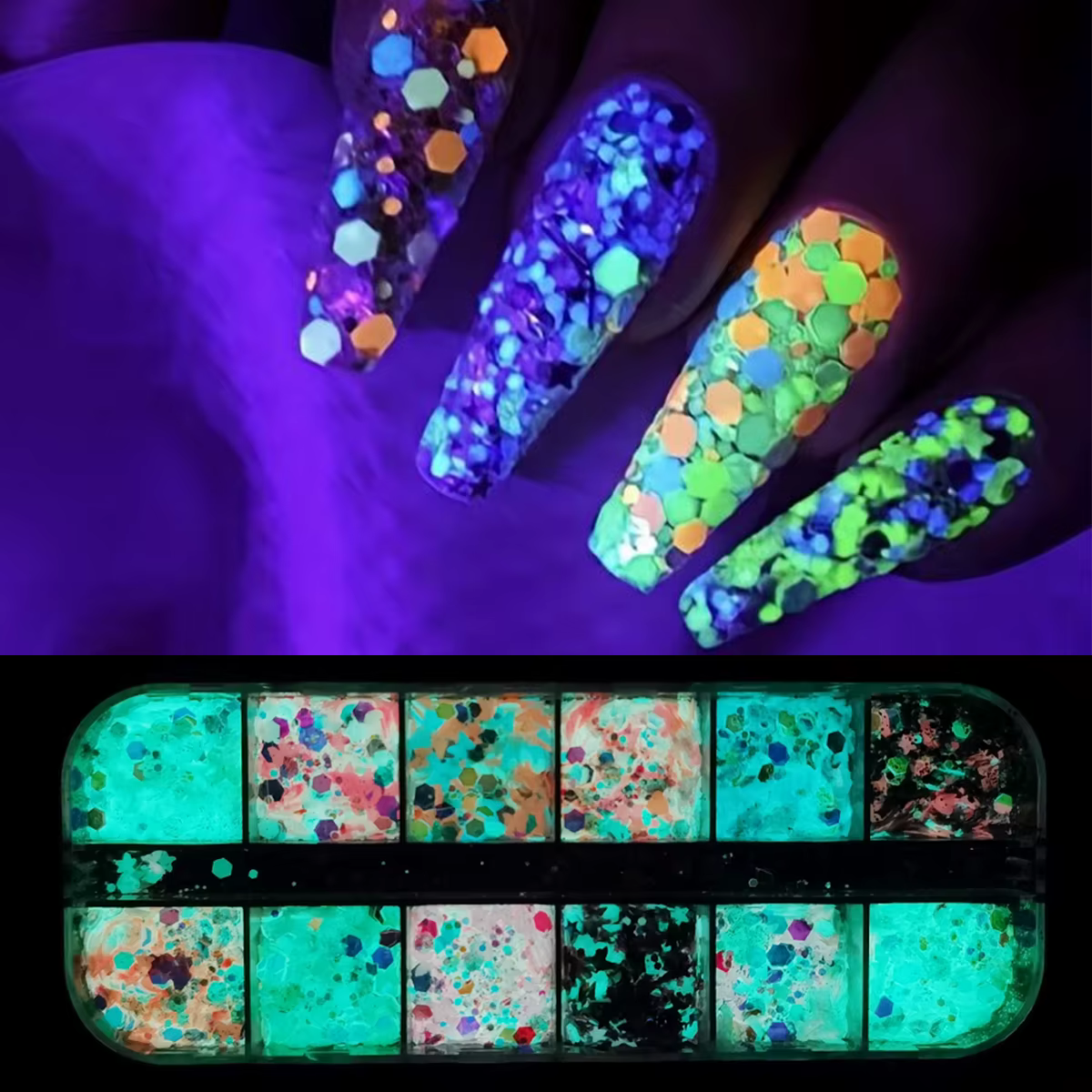 12 grilles brillent dans la nuit paillettes poudre à ongles caméléon lumineux hexagone