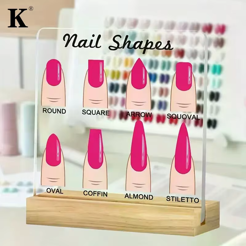 Présentoir de Formes d'Ongles en Acrylique Transparent avec Base en Bois et Diamants – Support de Présentation de Créations Nail Art sur Bureau