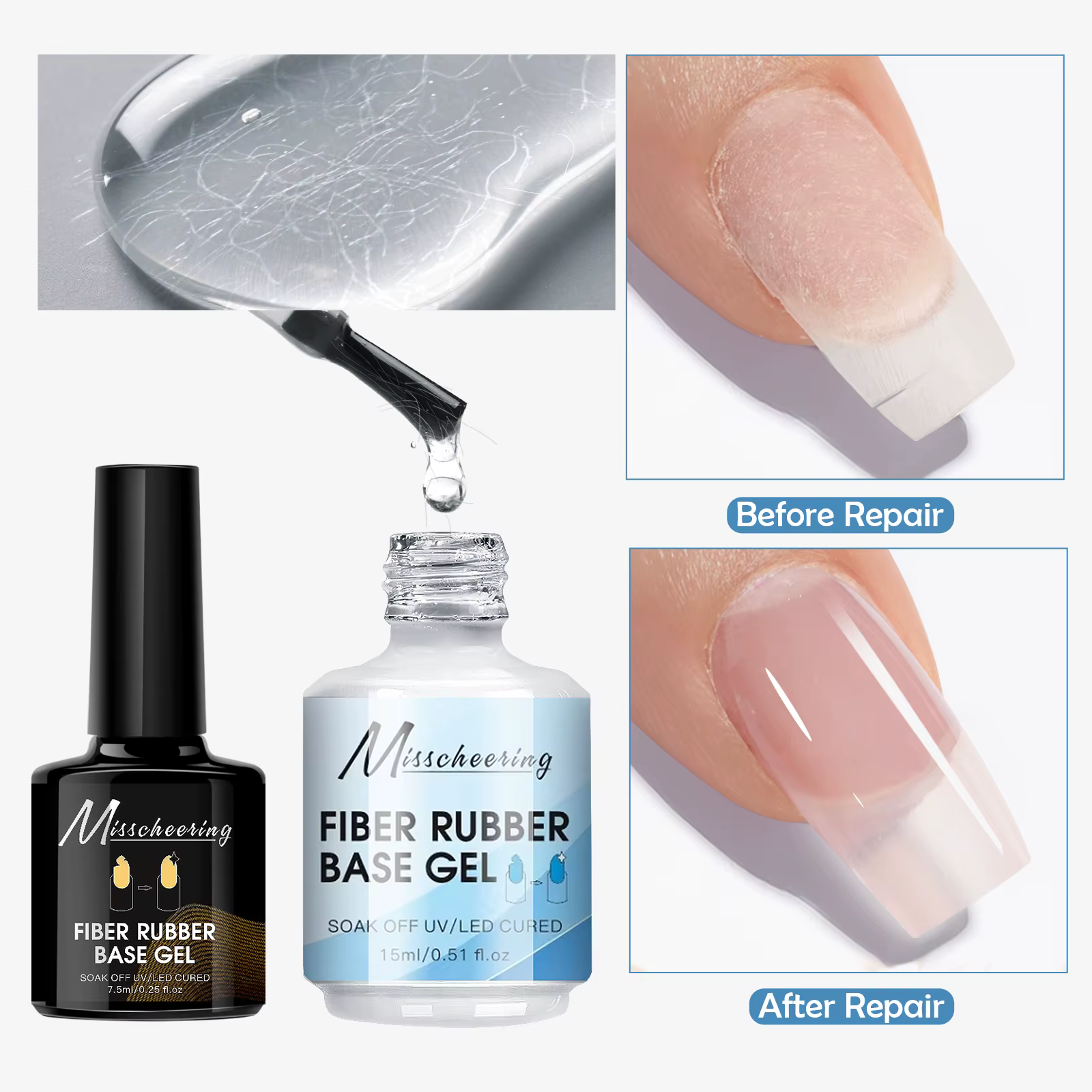 Gel de base en fibre de caoutchouc de 15 ml – Gel de construction transparent compatible UV/LED à séchage rapide pour la réparation des ongles cassés avec vernis à tremper