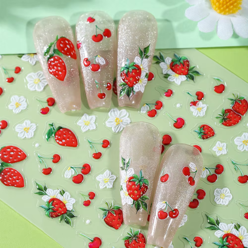 1 autocollant pour ongles 5D motif fraise rouge mignonne