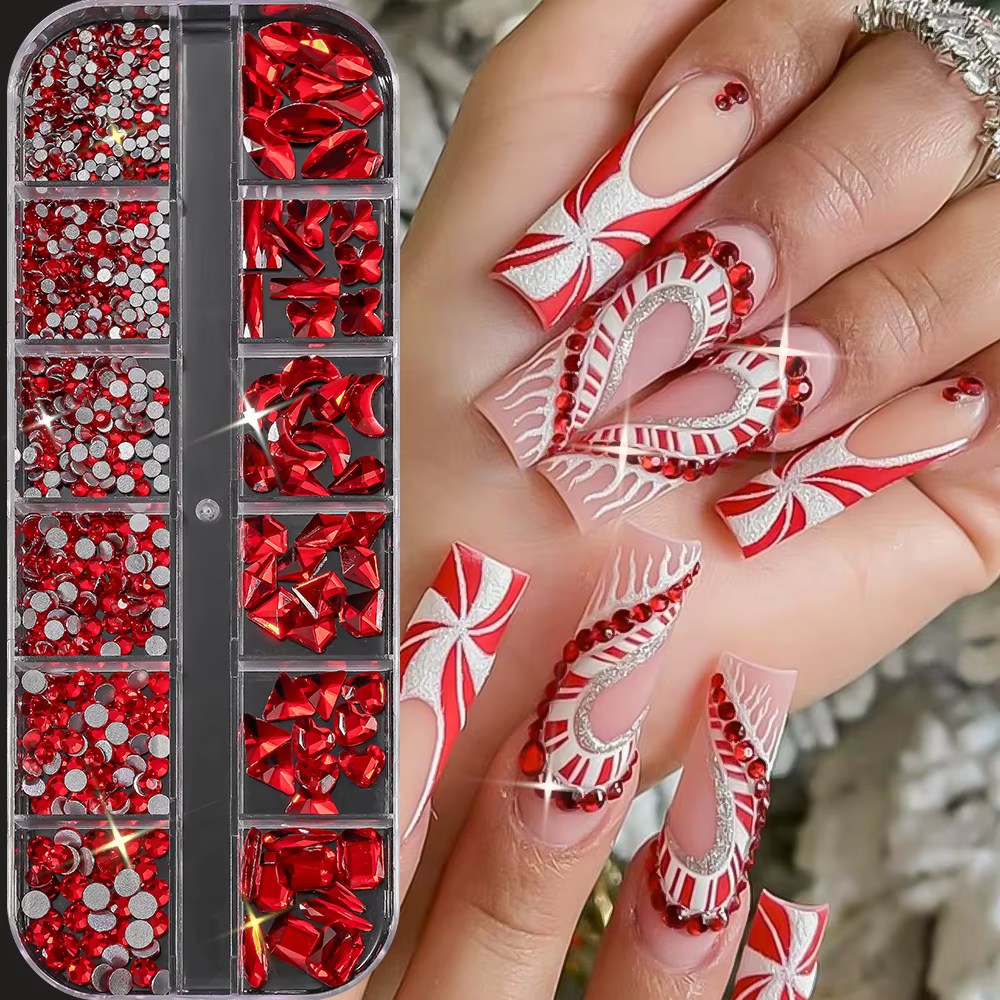 12 grilles 3D noël rouge forme aléatoire Nail Art strass verre scintillant Flatback diamant