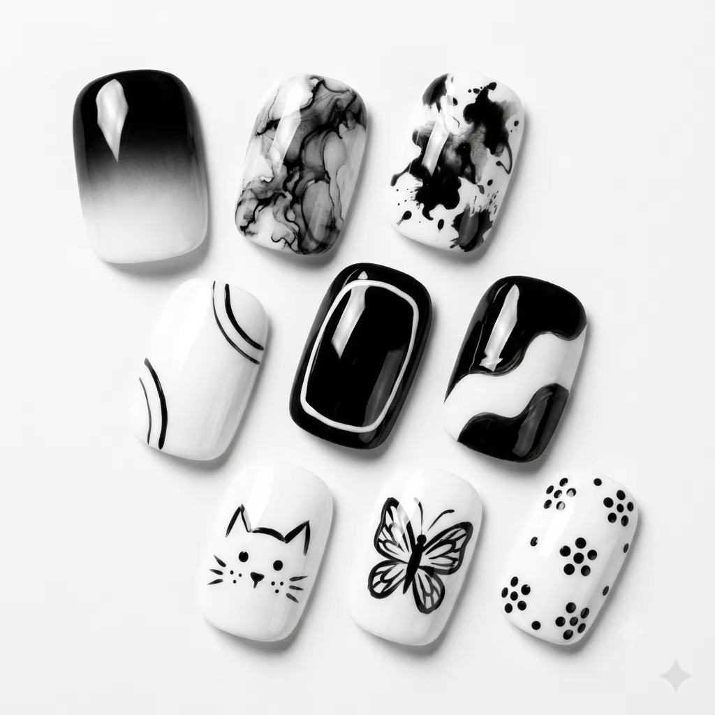 Ensemble de vernis à ongles classiques noir et blanc