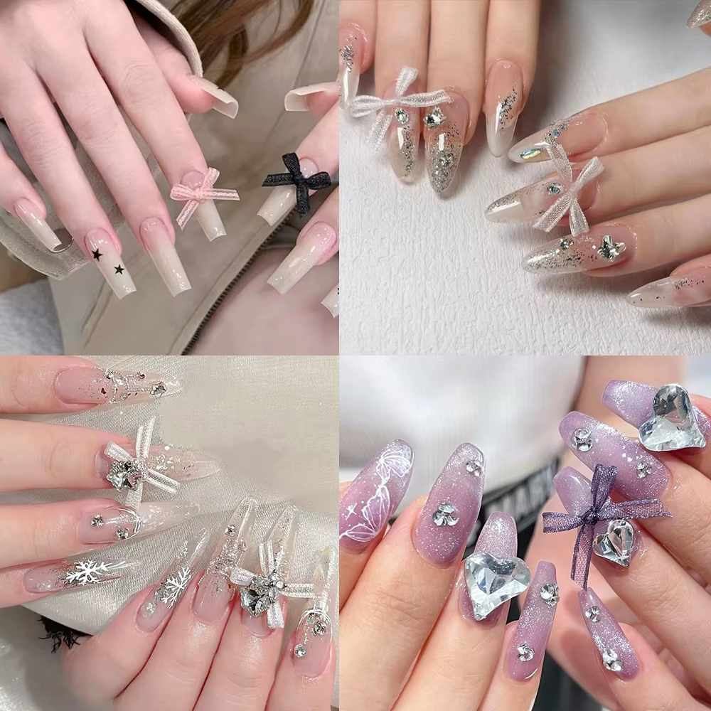 20 pièces 3D blanc/rose Organza ruban ongles nœud papillon 14X20 cm mat