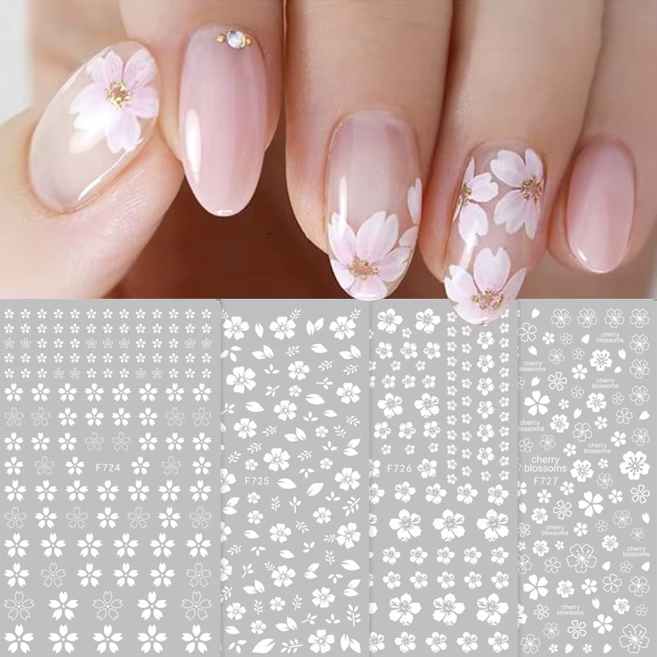 Autocollants pour ongles 3D fleur de cerisier blanc