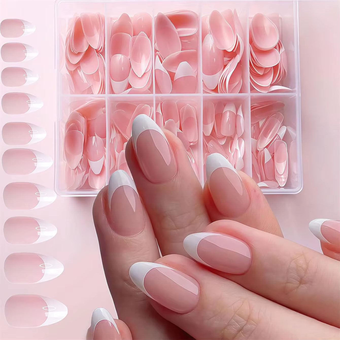Boîte de 120 pièces en forme d'amande rose pièce d'ongle blanc presse française sur les ongles
