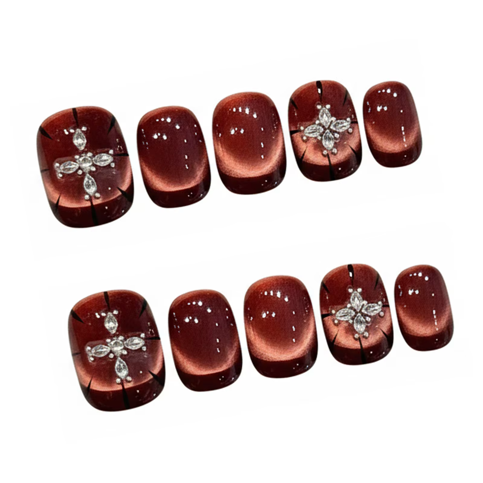 10 pièces vin-rouge oeil de chat presse sur ongles à la main élégant court rond Style français faux