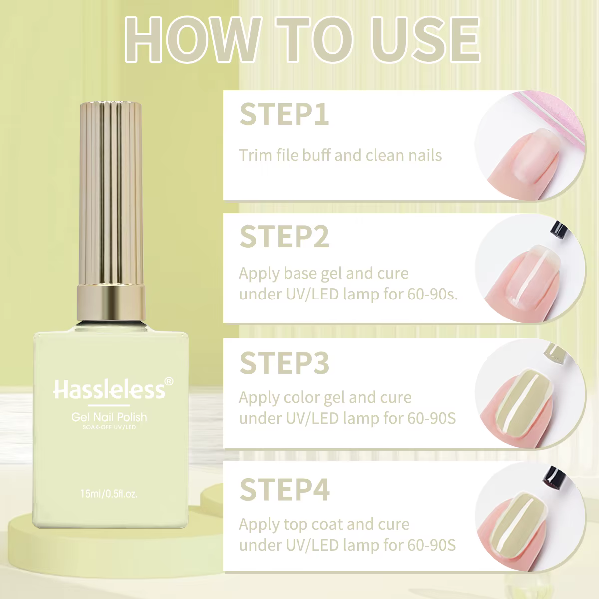 Hassleless 1 flacon (15 ml) de gel à ongles couleur jaune pâle — Vernis gel simple et facile à appliquer