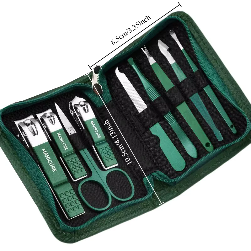 Ensemble de manucure vert 6-18 pièces avec étui en cuir