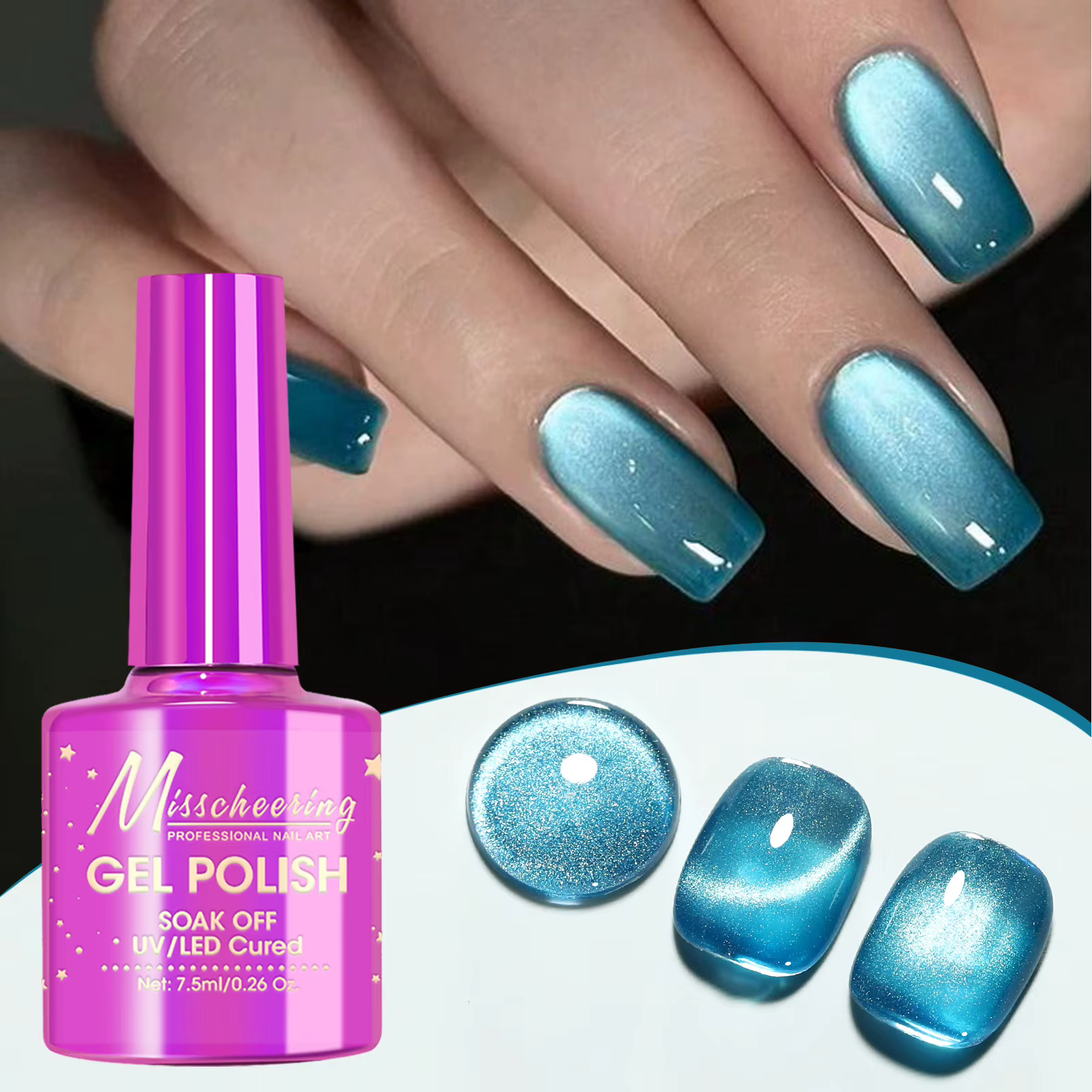 Vernis à ongles gel magnétique œil de chat bleu pailleté 7
