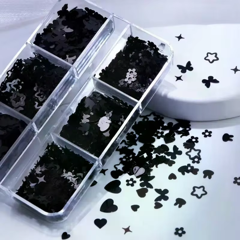 6 grilles noir en forme de coeur papillon étoile ongles Paillettes décor mixte manucure flocons