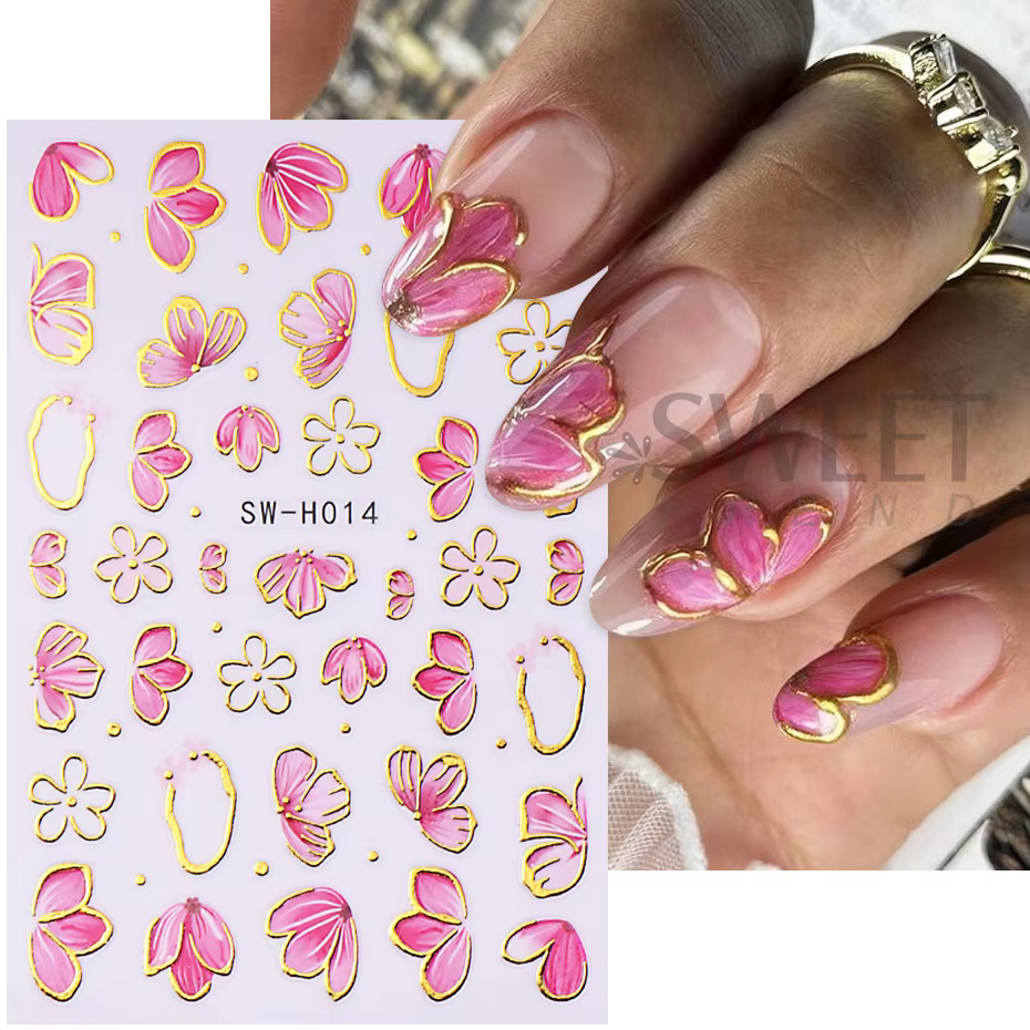 Autocollants pour ongles fleur d'hibiscus rose doré