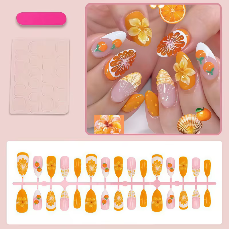 Nouveauté 2026 – 30 faux ongles 3D en forme d'orange