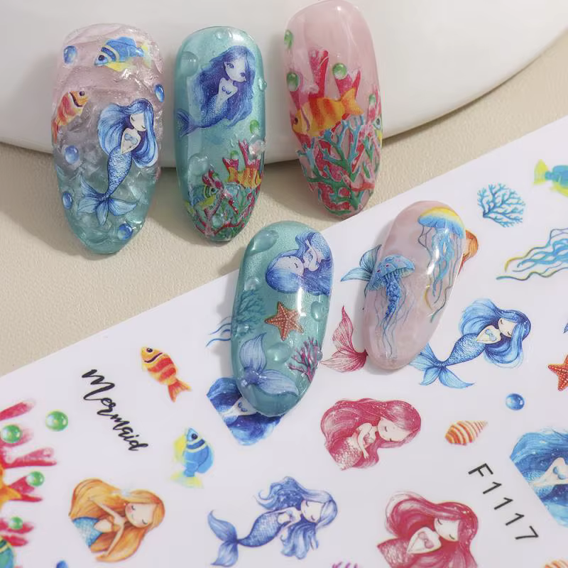 1 feuille holographique méduse dauphin Nail Art autocollants 3D sirène océan coquille ongles décalcomanies adhésif