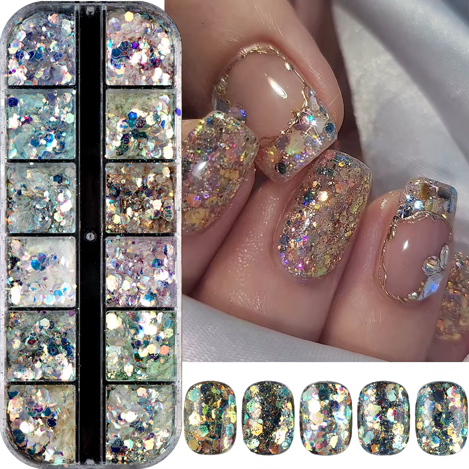12 grilles scintillantes sirène hexagone Nail Art paillettes