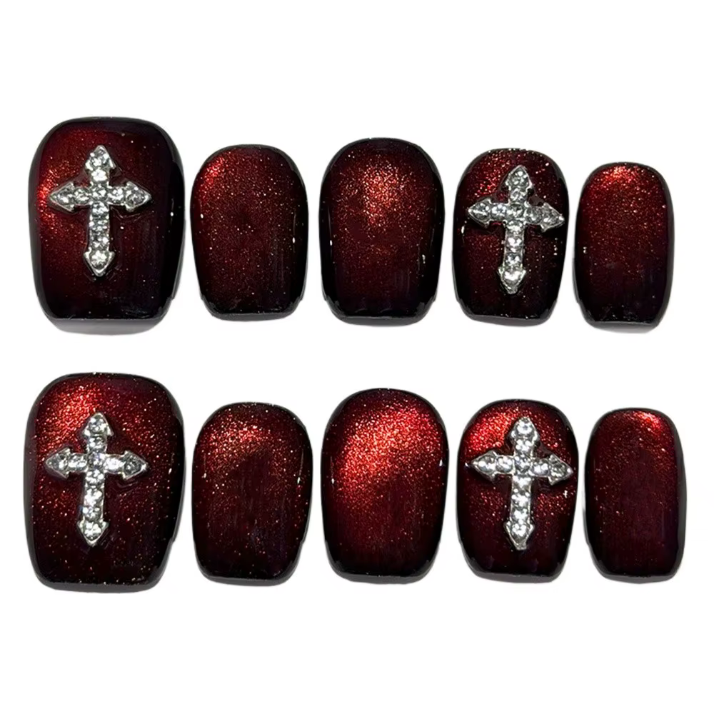 10 Pièces Faux Ongles à Presser Rouge Foncé Effet Œil de Chat Faits Main Extra Courts Forme Cercueil Diamants Scintillants 3D Luxe Croix Nail Art