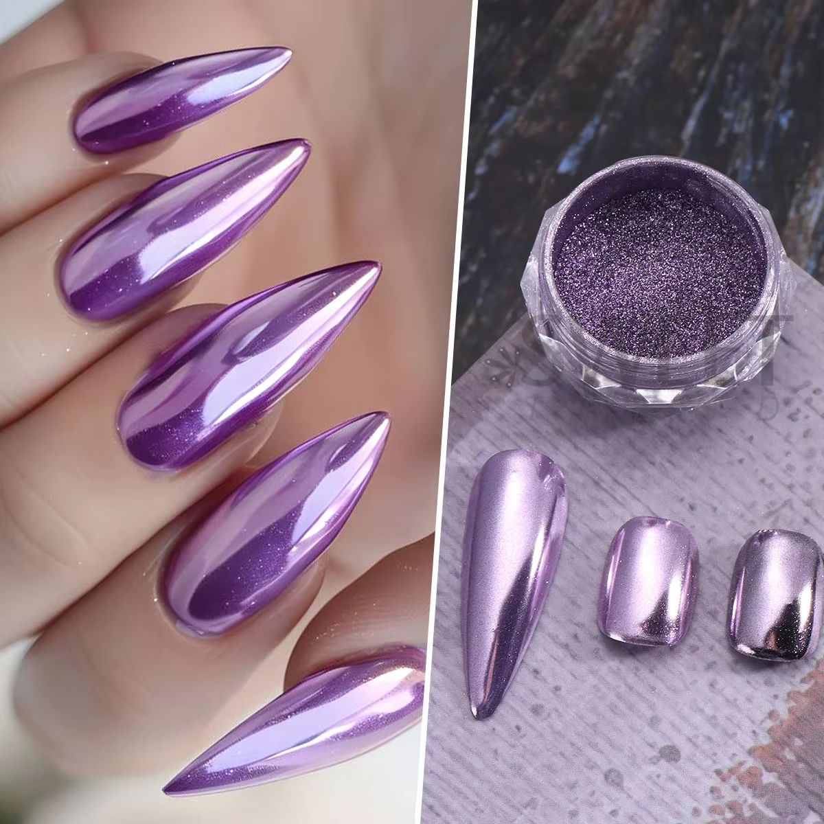 Poudre à ongles chromée miroir violet