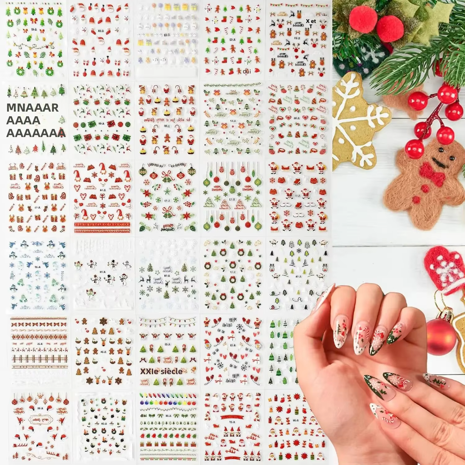 30 autocollants pour ongles de Noël auto-adhésifs – Motifs sélectionnés de flocons de neige