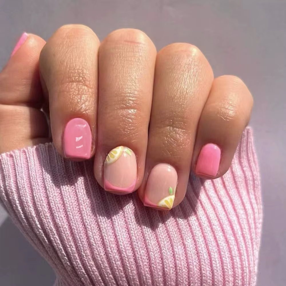 Mode court rond faux ongles été doux pamplemousse français zèbre