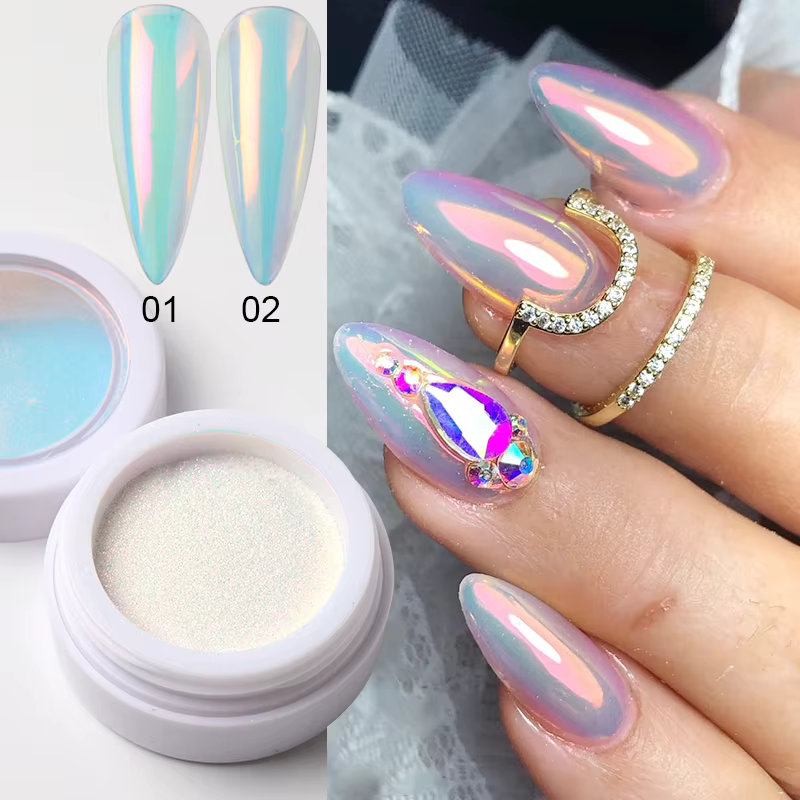 1/2 pièces Poudre à ongles rose effet aurore chromée