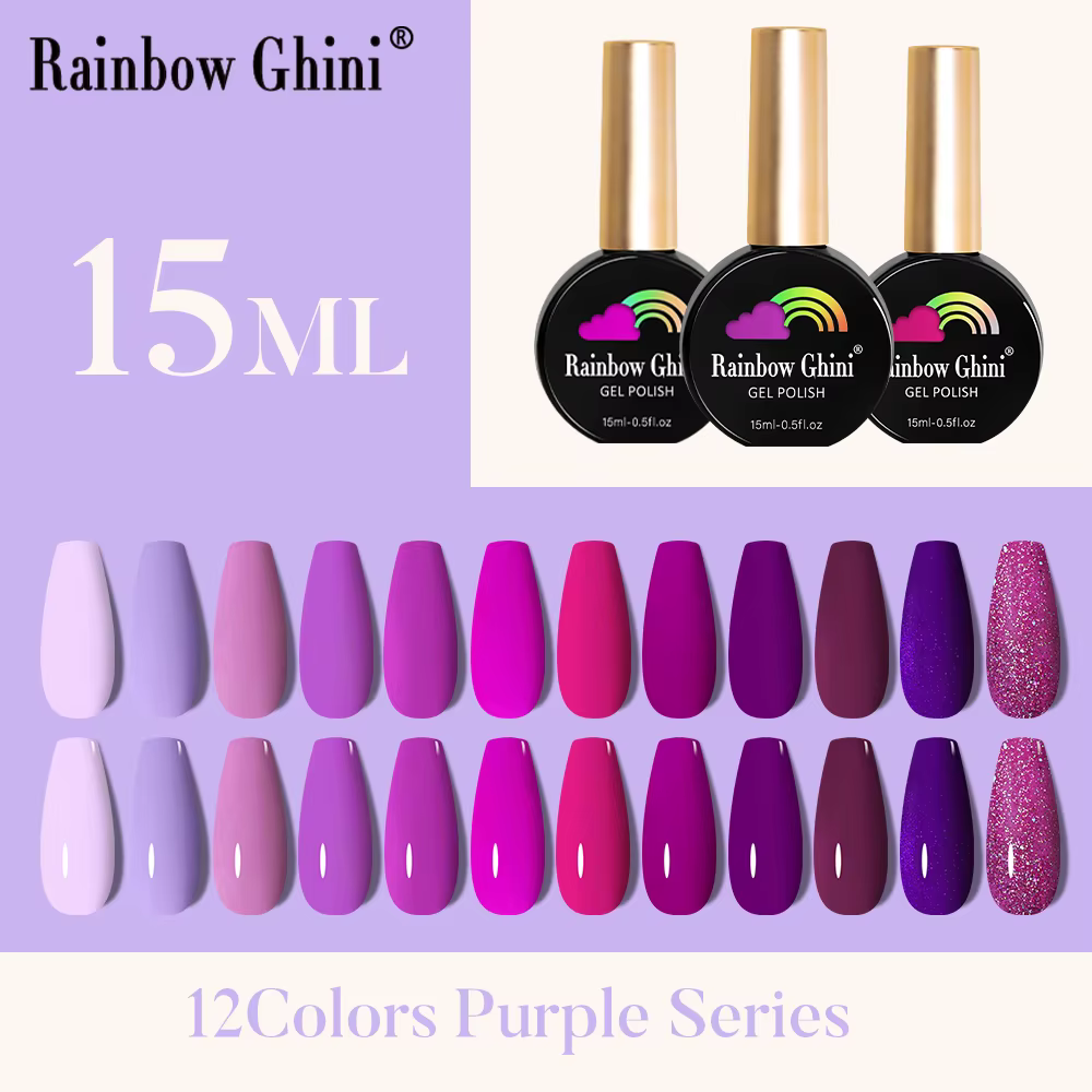 Rainbow Ghini 15ml Purple Series Gel Nail Polish SemiPermanent Nude Glitter UV LED