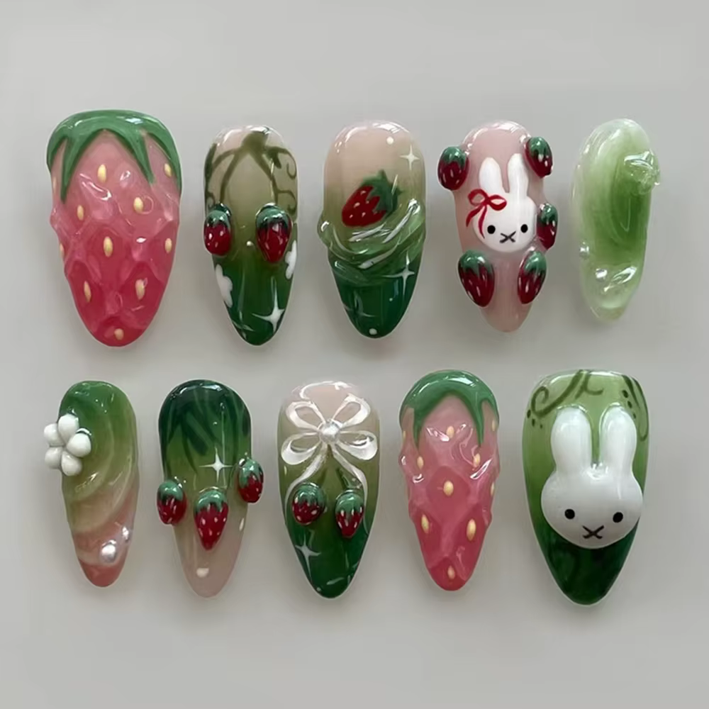 Y2K 24 pièces/paquet Faux ongles à presser motif fraise