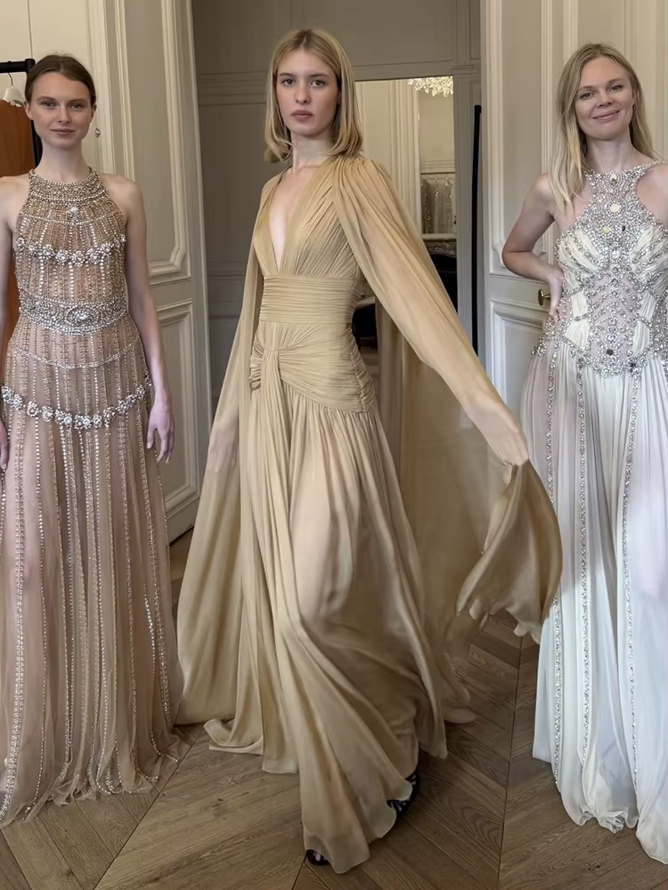 Sisterlinda Élégant Tendance Robe Femmes Plis Maille Cape Voir À Travers Ourlet v-Cou Gland De Mariage Fête D'été Chic Mode Vestidos