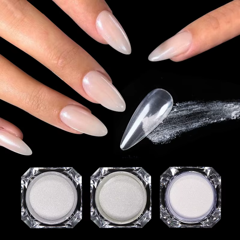 Aurora perle nue rose blanc ongles paillettes poussière Chrome clair de lune