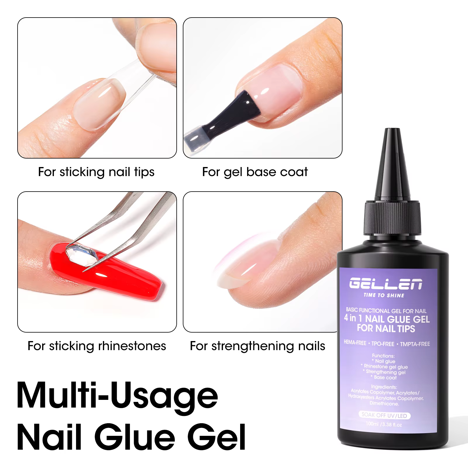 GELLEN Professionnel 4 en 1 Colle à ongles en gel 100ml Adhésif puissant durcissant aux UV pour extensions d'ongles Longue tenue Manucure DIY