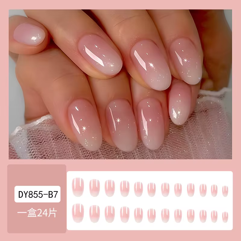 24 pièces ovale court rose presse sur ongles Simple Ombre printemps faux