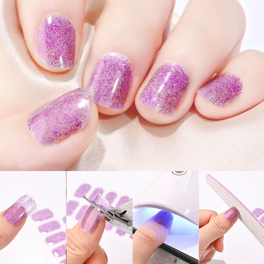 16 conseils UV Gel semi-durci ongles autocollant français couverture complète lumineux blanc paillettes Gel