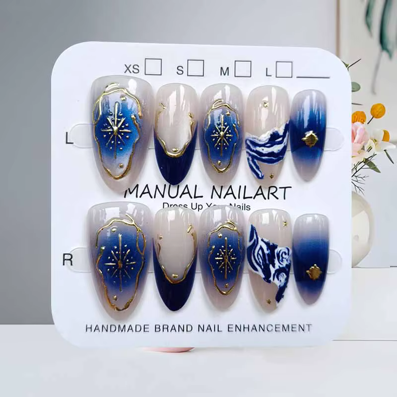 10 pièces bleu océan royaume Secret Style français amande forme doré faux ongles presse