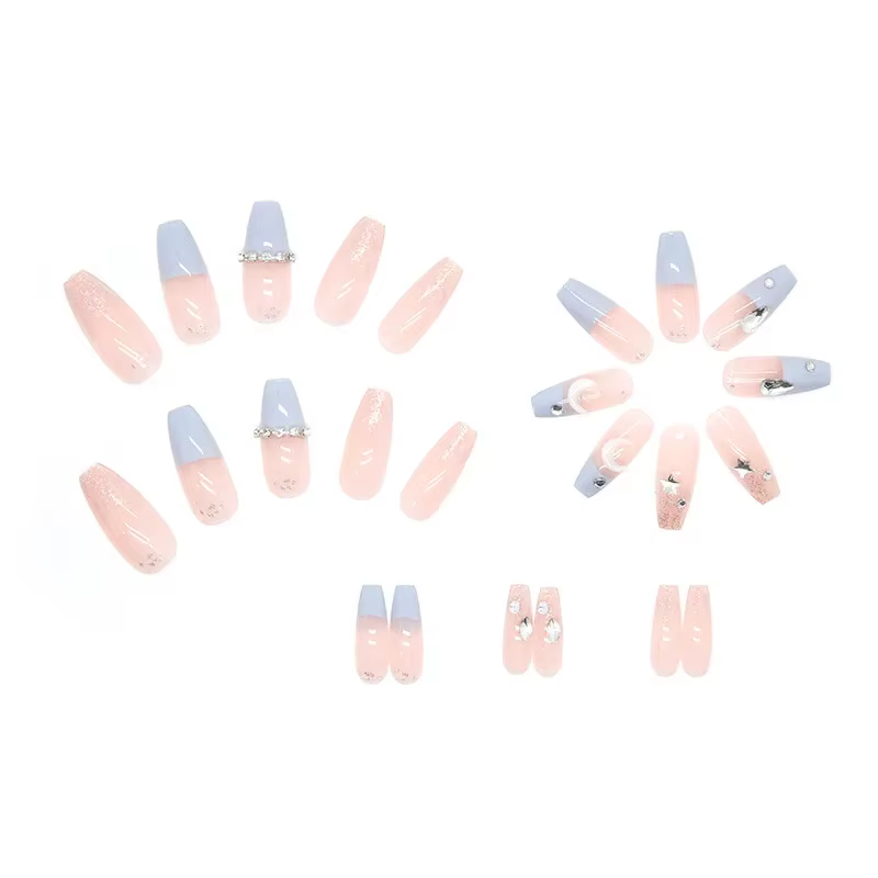 Sel de mer bleu clair 24 pièces presse sur ongles rose dégradé faux