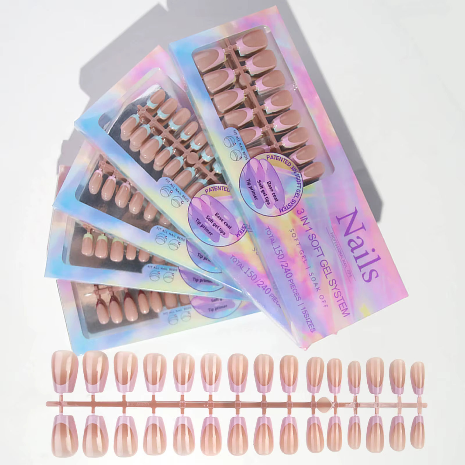 150 pièces 6 couleurs faux ongles multi-tailles