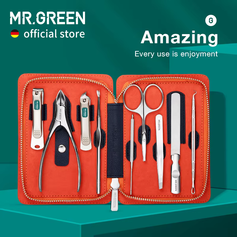 MR.GREEN – Kit de manucure professionnel 9 en 1 avec étui en cuir