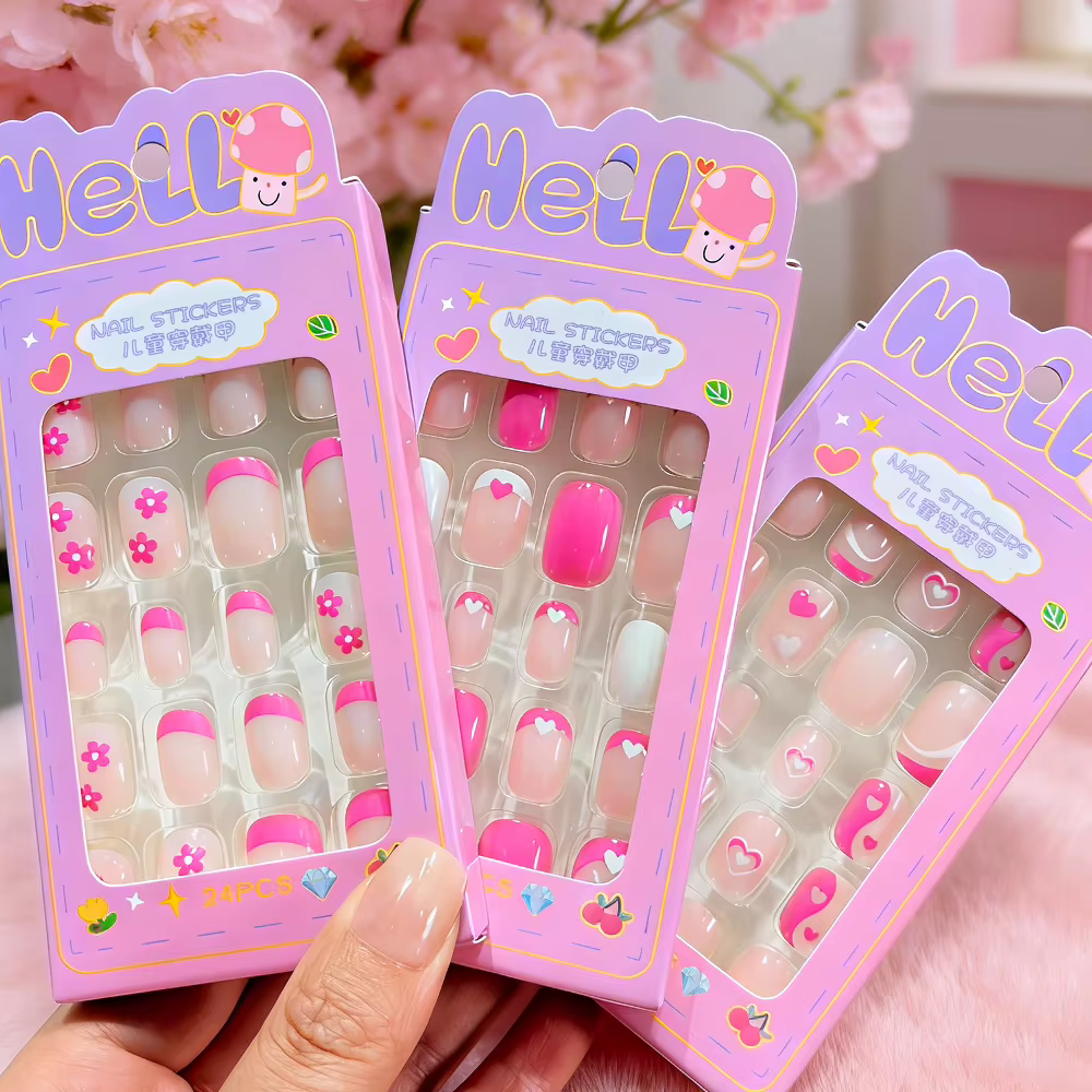 24 pièces/boîte Faux ongles en gel noirs et roses à fleurs pour filles