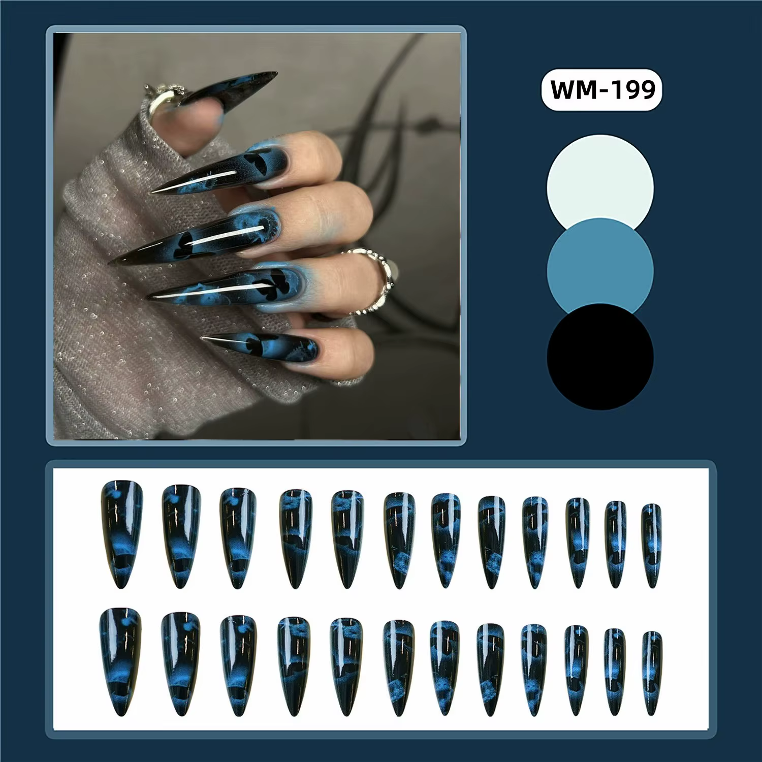 24 pièces bleu foncé papillon Y2k faux ongles épicés filles dégradé français pointu
