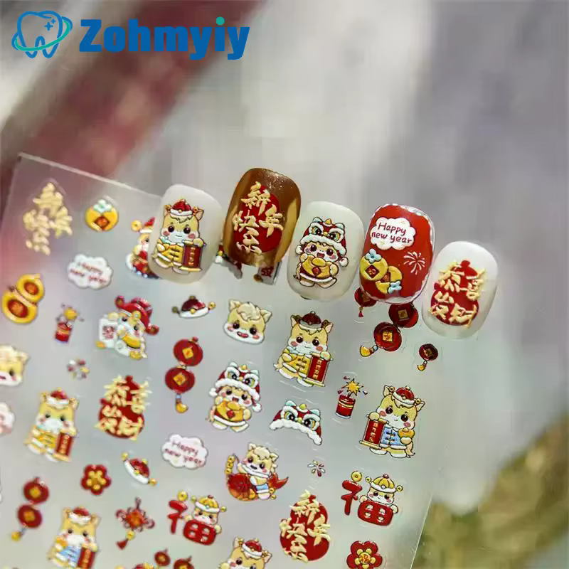 Mignon nouvel an chinois cheval année Lion danse arc Nail Art impression autocollants chanceux poney manucure décalcomanies festif en relief décor d'ongle
